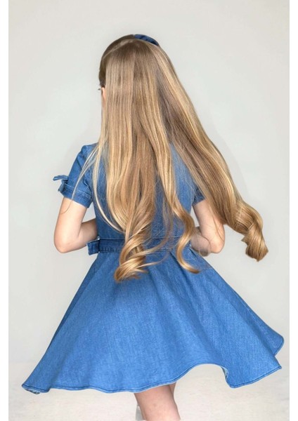 Kız Çocuk Gömlek Yaka Taş Düğmeli Üzeri Inci Yıldız Işlemeli Mavi Kot Elbise modelleri