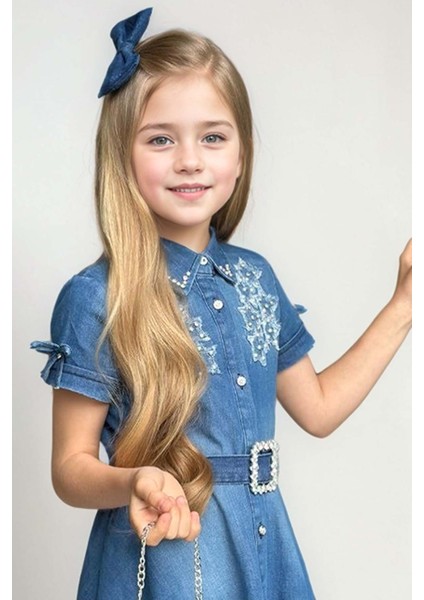 Kız Çocuk Gömlek Yaka Taş Düğmeli Üzeri Inci Yıldız Işlemeli Mavi Kot Elbise fırsatları