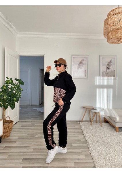 Munn Collection Kadın Uzun Kollu Leopar Detay Sweat ve Yanı Leopar Şerit Detay Pantolon Ikili Takım indirimleri