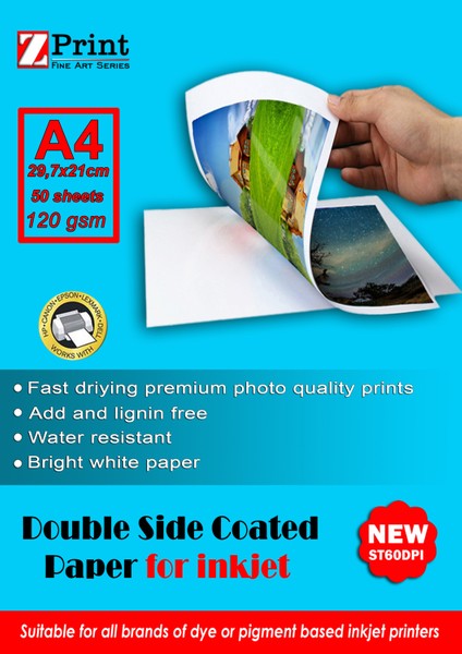 120 gr Çift Taraflı Parlak Inkjet Kuşe, Broşür, Afiş Kağıdı A4 50 Yaprak( Epson, Canon, Hp, Brother)