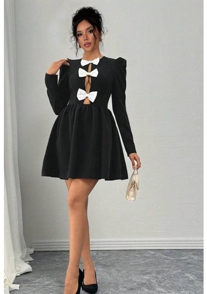 Munn Collection Kadın Dalgıç Kumaş Fiyonk Detaylı Uzun Kollu Mini Boy Elbise