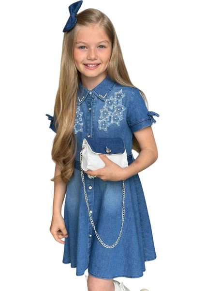 Kız Çocuk Gömlek Yaka Taş Düğmeli Üzeri Inci Yıldız Işlemeli Mavi Kot Elbise indirimleri