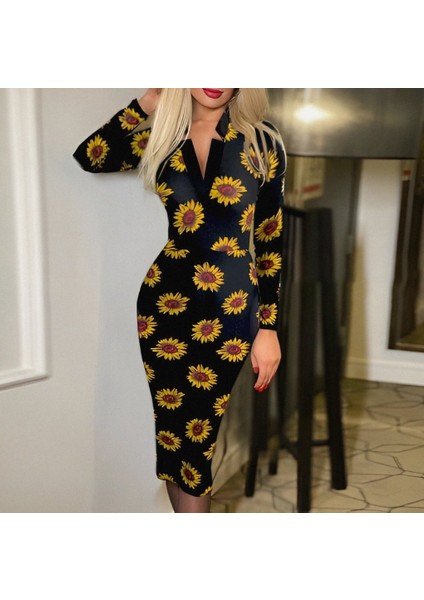 Munn Collection Kadın Uzun Kollu V Yaka Puantiyeli Krep Midi Boy Elbise