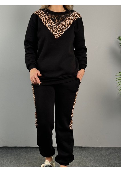 Munn Collection Kadın Üç Iplik Kumaş Leopar Desenli Dantel Detaylı Ikili Takım indirimleri