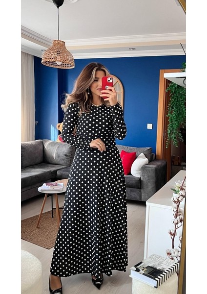 Munn Collection Kadın Krep Kumaş Uzun Kollu Tam Boy Puantiyeli Elbise 132 cm modelleri