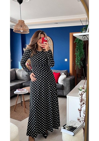 Munn Collection Kadın Krep Kumaş Uzun Kollu Tam Boy Puantiyeli Elbise 132 cm indirimleri