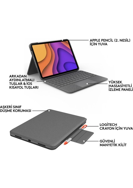 Slim Folio Touch iPad Air 11 inç (M2 ve M3) iPad Air 4. ve 5. Nesil ile Uyumlu Türkçe Klavyeli Kılıf - Koyu Gri