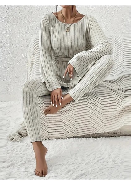 Munn Collection Kadın Uzun Kollu Tek Omuzu Açık Belden Kuşaklı Şardonlu Kaşkorse Bluz ve Tayt Pantolon fiyatları