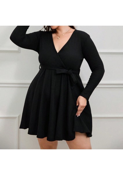 Munn Collection Kadın Uzun Kollu Kruvaze Yaka Kuşak Detay Salaş Şardonlu Kaşkorse Mini Elbise