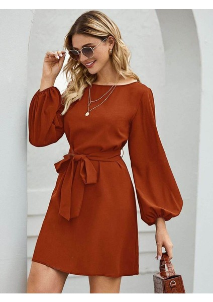 Munn Collection Kadın Uzun Kollu Kayık Yaka Belden Kuşaklı Kısa Ithal Krep Elbise fiyatları