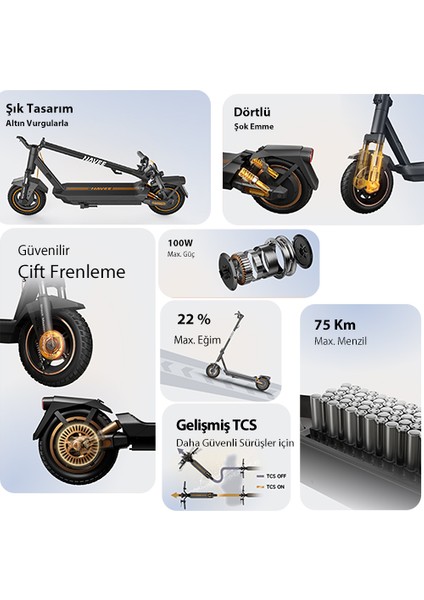Gt3 Max Elektrikli Scooter 75 Km - 1000W Güç - %22 Eğim Perf. Dörtlü Süspansiyon 25 Km Hız Oto Far