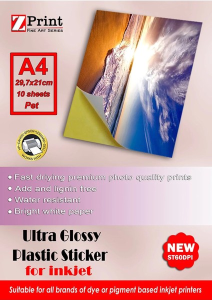Ultra Parlak Yapışkanlı Yırtılmaz Plastik Sticker Fotoğraf Kağıdı (Pp) A4 10 Yaprak