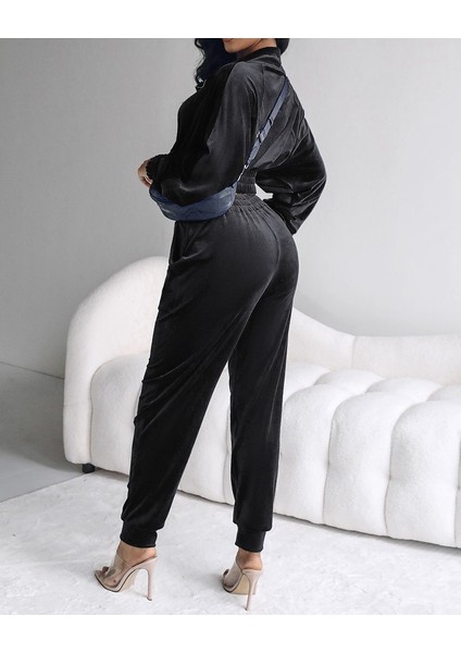 Munn Collection Kadın Uzun Kollu Önden Fermuarlı Krop Kadife Ceket ve Pantolon Ikili Takım modelleri