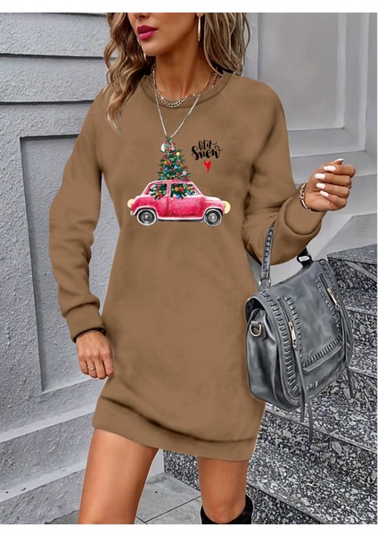 Munn Collection Kadın Uzun Kollu Bisiklet Yaka Desenli Viskon Iki Iplik Elbise