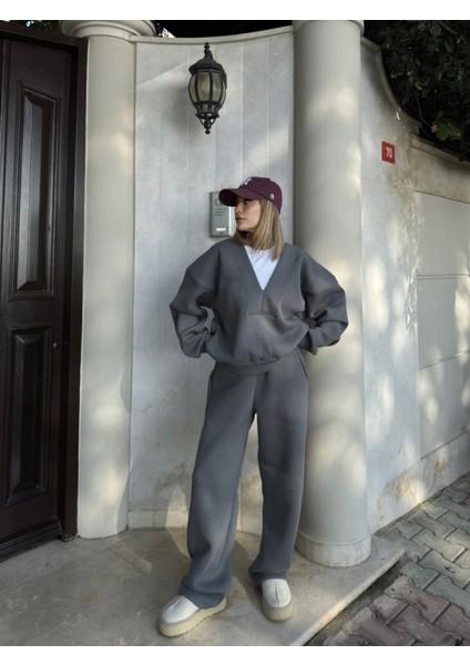 Munn Collection Geniş V Yaka Üç Iplik Sweat Takım - Füme