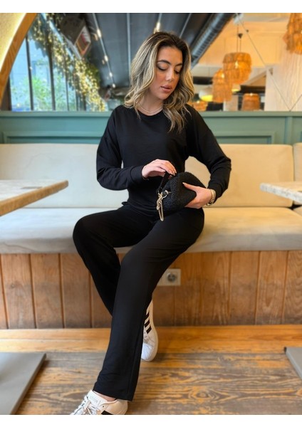 Munn Collection Kadın Uzun Kollu Bisiklet Yaka Viskon Iki Iplik Bluz ve Pantolon Ikili Takım