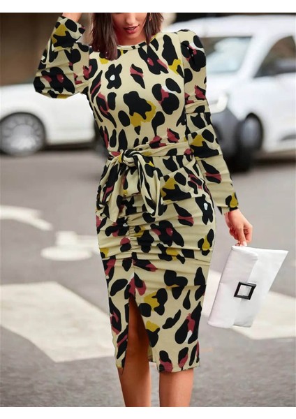 Munn Collection Kadın Uzun Kollu Yuvarlak Yaka Belden Kuşaklı Önden Yırtmaçlı Örme Krep Elbise modelleri