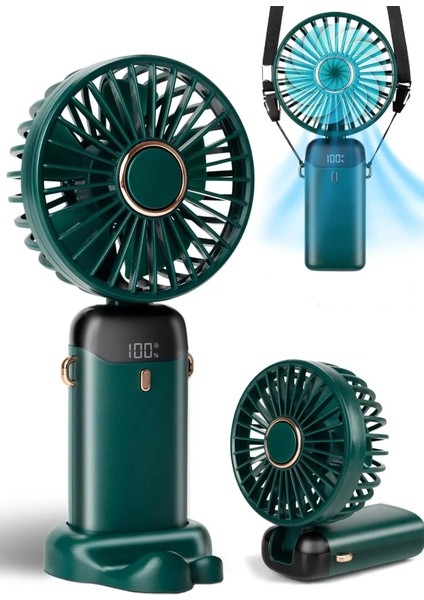 Lcd Ekranlı Şarjlı El Fanı Mini Vantilatör 5 Kademe Sessiz Boyun Askılı Yeşil Fan