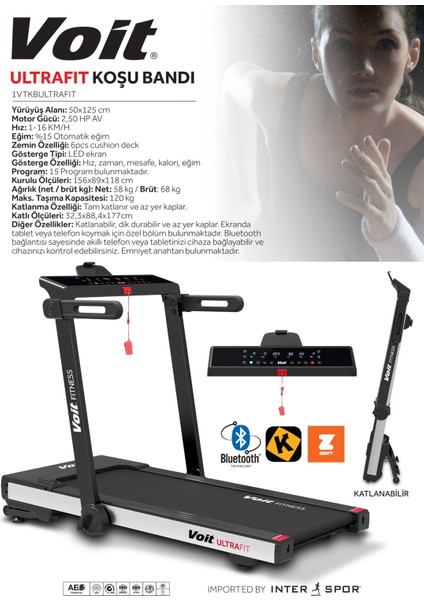Ultrafit Otomatik Eğimli Kurulum Gerektirmeyen Katlanabilen Uygulama Destekli Koşu Bandı 120KG Kapasiteli