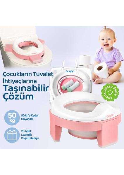 Lazımlık, Portatif Katlanabilir Taşınabilir Seyahat Çocuk Tuvaleti, Klozet Adaptörü, Pembe