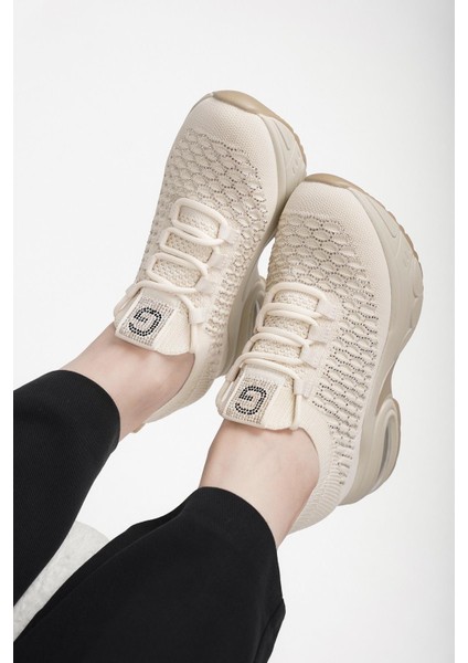 Loretta Guja Ithal Özel Seri Içten Gizli Dolgu Taş Detaylı Triko Kadın Spor Ayakkabı Bej