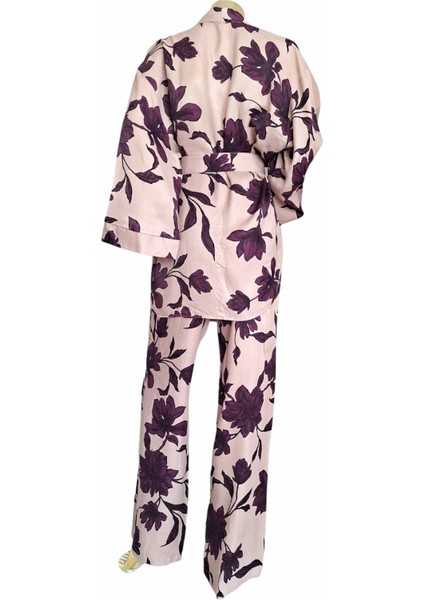 Viskon Kimono / Tunik / Ceket Pantolon Bol Kalıp Mor Çiçekli Pudra Kuşaklı Alt Üst Takım