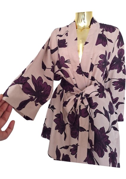 Viskon Kimono / Tunik / Ceket Pantolon Bol Kalıp Mor Çiçekli Pudra Kuşaklı Alt Üst Takım