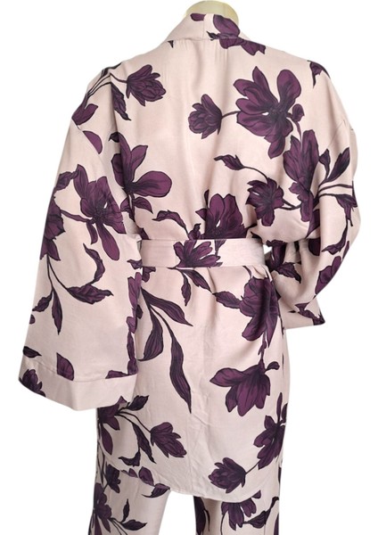 Viskon Kimono / Tunik / Ceket Pantolon Bol Kalıp Mor Çiçekli Pudra Kuşaklı Alt Üst Takım