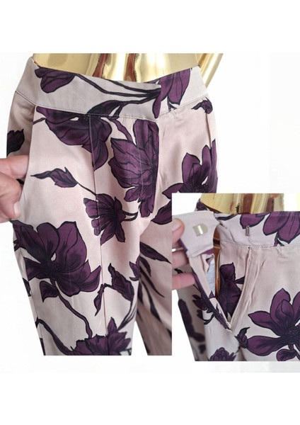 Viskon Kimono / Tunik / Ceket Pantolon Bol Kalıp Mor Çiçekli Pudra Kuşaklı Alt Üst Takım