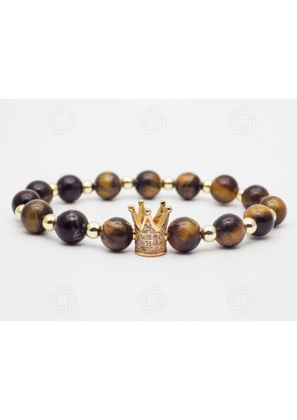 Zirkonyum Kaplama Kral Tacı Detaylı Kaplan Gözü Doğal Taş Bileklik | Sertifikalı
