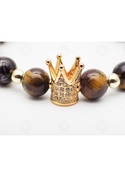 Zirkonyum Kaplama Kral Tacı Detaylı Kaplan Gözü Doğal Taş Bileklik | Sertifikalı fiyatları