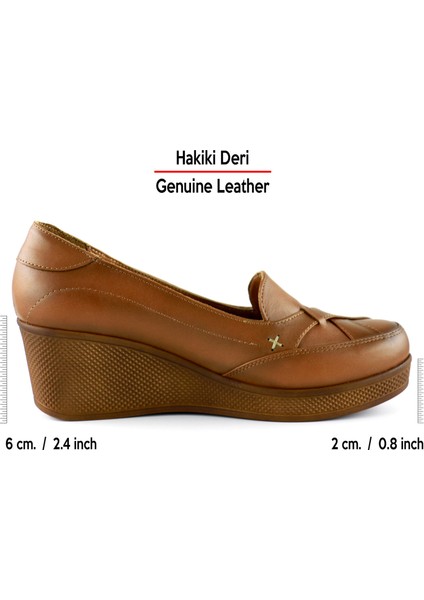 Shay Exclusive Taba Hakiki Deri Çapraz Bant Detaylı İşlemeli Dolgu Topuklu Günlük Ayakkabı