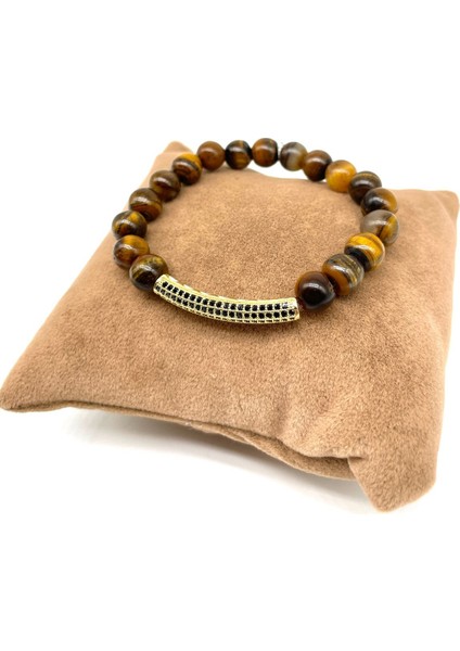 A+ Kalite | Gold Renk Zirkonyum Detaylı Kaplan Gözü Doğal Taş Bileklik > Sertifikalı - Handcrafted