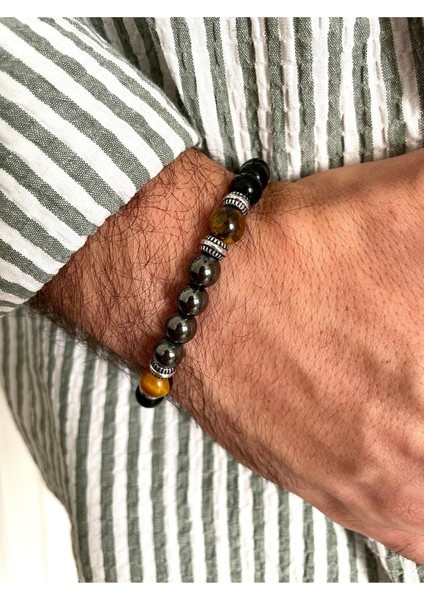 Sertifikalı Hakiki Kaplan Gözü - Hematit - Oniks 8mm Misinalı Doğal Taş Bileklik