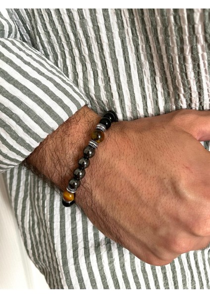 Sertifikalı Hakiki Kaplan Gözü - Hematit - Oniks 8mm Misinalı Doğal Taş Bileklik fiyatları