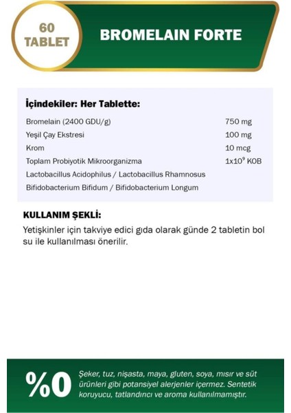 Bromelain Forte 750 mg 60 Tablet Bromelain Krom Probiyotik