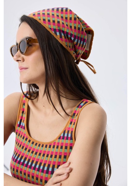 Isla, Jakarlı Organik Pamuk Triko Bandana - Multi Hardal