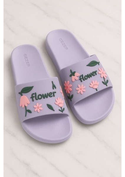 Mor Flower Havuz Terlik - Plaj Çiçek Desenli Terlik