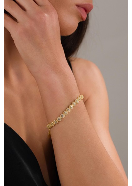 Gümüş Gold Altın Kaplama Yuvarlak Beyaz Zirkon Taşlı Pırlanta Modeli Rodyumlu Su Yolu Bileklik