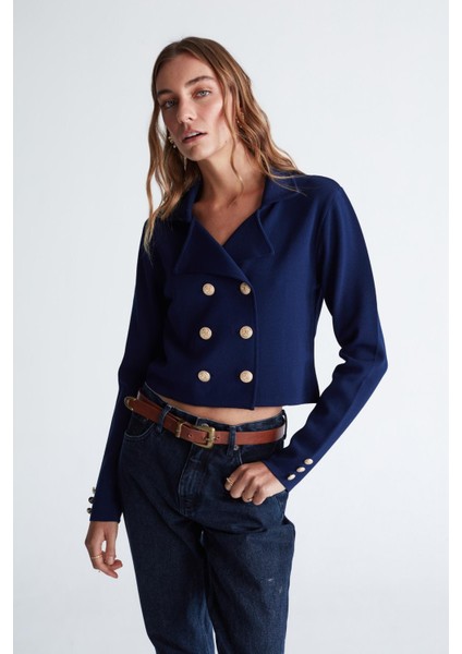 Styleboom x Peraluna Kathy Blazer Çelik Örgü Crop Kruvaze Blazer Kadın Triko Ceket - Lacivert