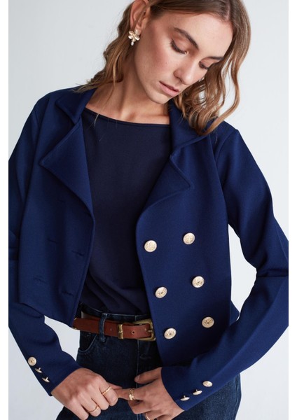 Styleboom x Peraluna Kathy Blazer Çelik Örgü Crop Kruvaze Blazer Kadın Triko Ceket - Lacivert