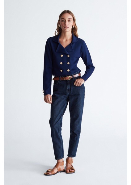 Styleboom x Peraluna Kathy Blazer Çelik Örgü Crop Kruvaze Blazer Kadın Triko Ceket - Lacivert