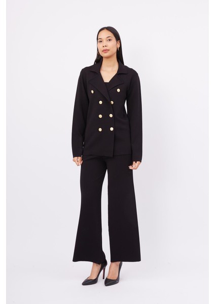 Styleboom x Peraluna Katherıne Blazer Çelik Örgü Klasik Kesim Düğmeli Blazer Kadın Triko Ceket - Siyah