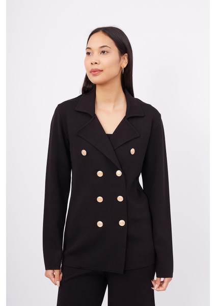 Styleboom x Peraluna Katherıne Blazer Çelik Örgü Klasik Kesim Düğmeli Blazer Kadın Triko Ceket - Siyah