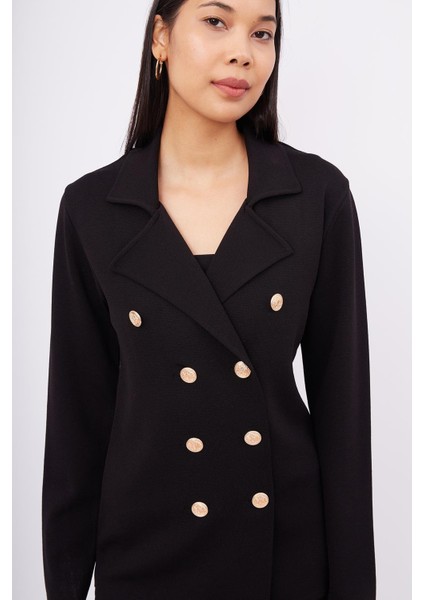 Styleboom x Peraluna Katherıne Blazer Çelik Örgü Klasik Kesim Düğmeli Blazer Kadın Triko Ceket - Siyah