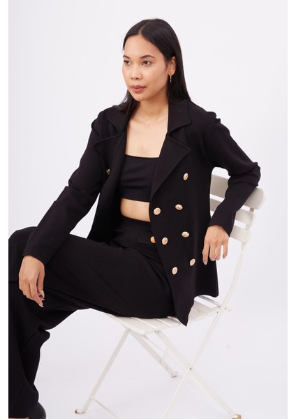 Styleboom x Peraluna Katherıne Blazer Çelik Örgü Klasik Kesim Düğmeli Blazer Kadın Triko Ceket - Siyah