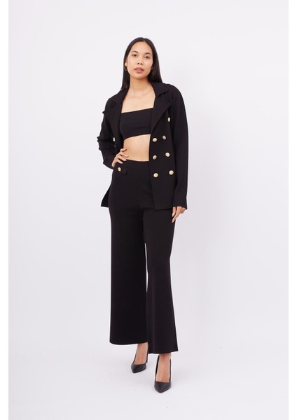 Styleboom x Peraluna Katherıne Blazer Çelik Örgü Klasik Kesim Düğmeli Blazer Kadın Triko Ceket - Siyah