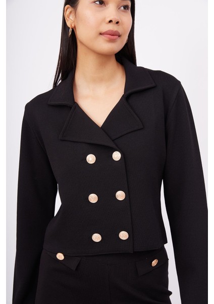 Styleboom x Peraluna Kathy Blazer Çelik Örgü Crop Kruvaze Blazer Kadın Triko Ceket - Siyah