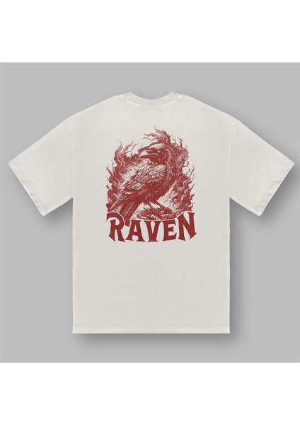 Kırmızı Kuzgun Raven Baskılı Ekru Tişört