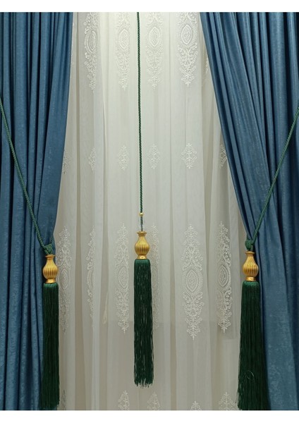 Fon Perde Tavan Bağlama Püsküllü Braçol Set - Altın Kuka ( 3 Parça )